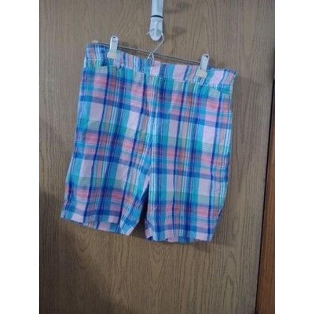 Talbots The Perfect Madras Short Sz 12P Pink Blue Plaid Linen Bermuda Golf